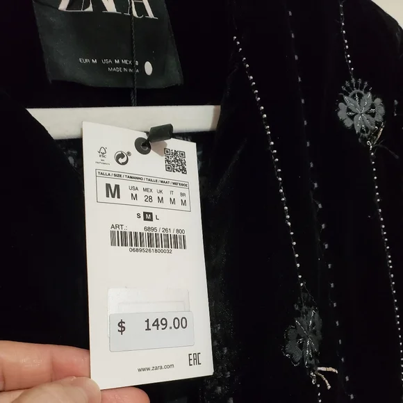 Black Velvet Embroidered Sequin Jacket Boho Geometric Size M